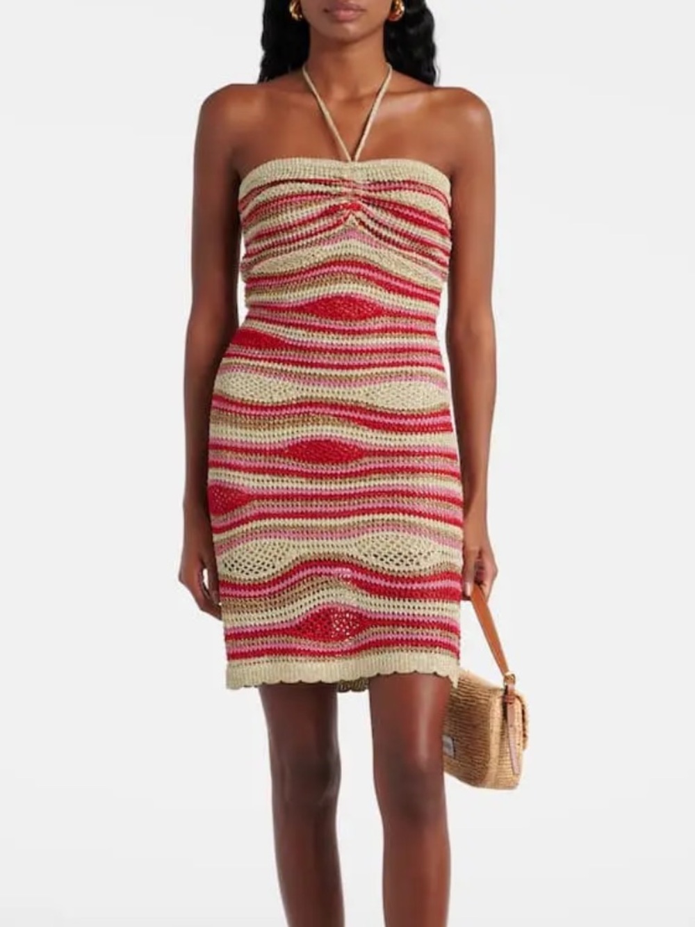 Striped Crochet Halter Tube Top in Beige, Pink & Red